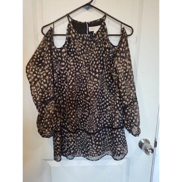 Women's Michael Kors Open Shoulder Long Sleeve Blouse Linen Black Gold Medium - Picture 1 of 5